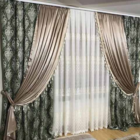Готовые шторы декорированные бахромой №396 зелёный