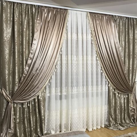 Готовые шторы декорированные бахромой №396 капучино
