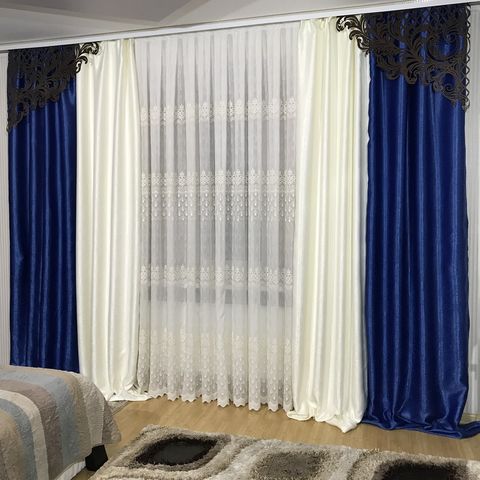 Готовые шторы Софт с ажурным декором №408 синий+крем