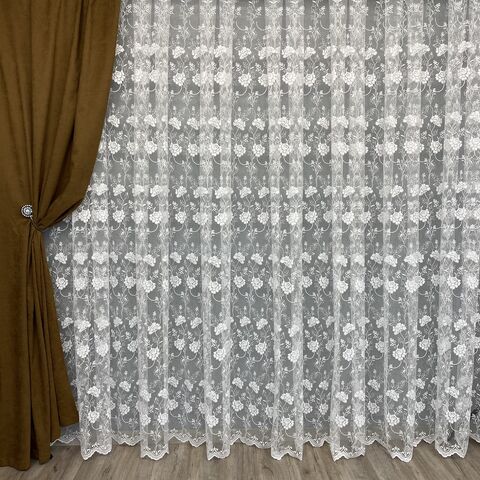 Шикарний фатиновий тюль з густою вишивкою №6080 білий
