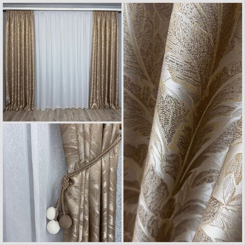 Шикарные готовые шторы Листья из жаккардовой ткани золото