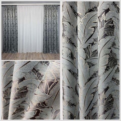 Шикарные готовые шторы Листья из жаккардовой ткани синий