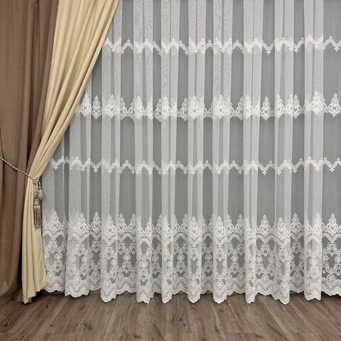 Бамбуковая тюль с шикарной вышивкой №16243 для зала, гостинной белая