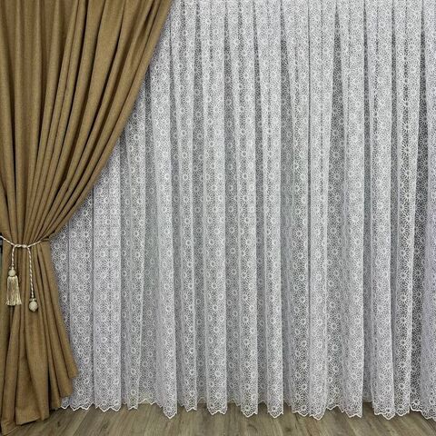 Качественный фатиновая тюль с кордовой вышивкою №350 для зала, спальни белая 
