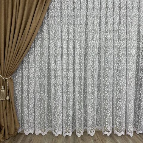 Качественный фатиновая тюль с кордовой вышивкою №116550 для зала, спальни 