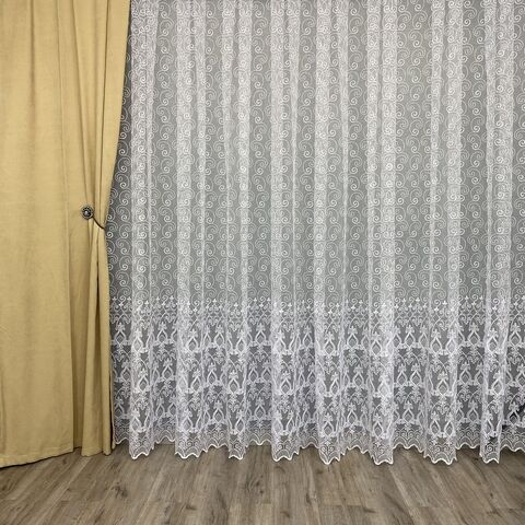 Качественный фатиновая тюль с кордовой вышивкою №123193 для зала, спальни белая