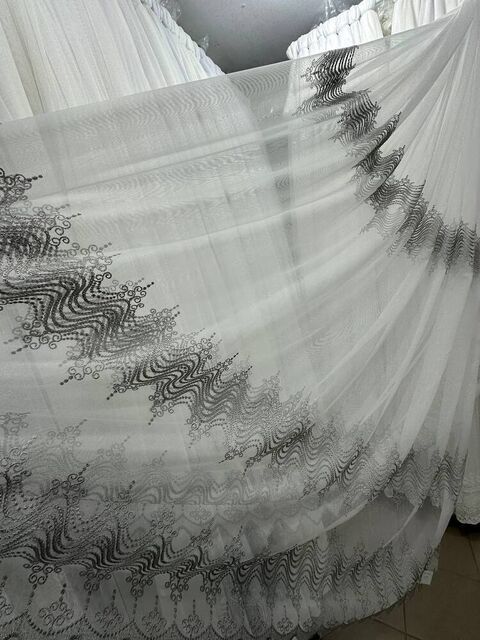 Бамбуковая тюль с шикарной вышивкой №2494 для зала, гостинной белая с серым