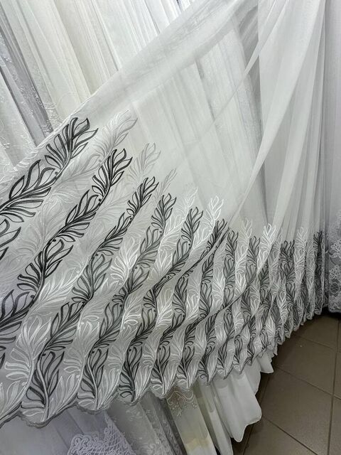 Бамбуковая тюль с шикарной вышивкой №5010 для зала, гостинной белая с серым