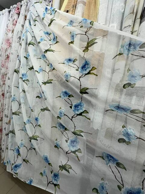 Тюль батист Цветок №614 для спальни, детской, кухни голубой